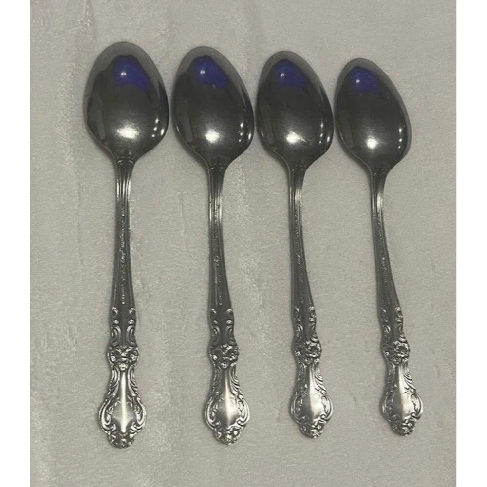 Set of 4 Oneida Louisiana Stainless Oval Soup / Dinner Spoons Glossy Floral